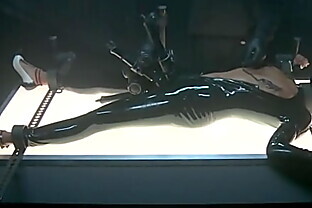 Shackled ebony in latex pussy vibed