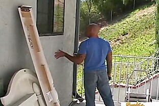 Bald plumber gets to fuck his busty client's tight asshole
