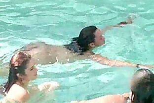 Horny Samantha Cruz fucking a guy while her naked girlfriends are swimming