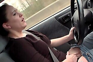 Sexy Lou driving and rubbing her wet pussy