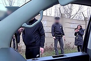 Hardcore action in driving van interrupted by real Police officers